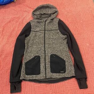 FarWest women’s size small Gray Black Hooded zip up fleece Jacket w/ thumb holes